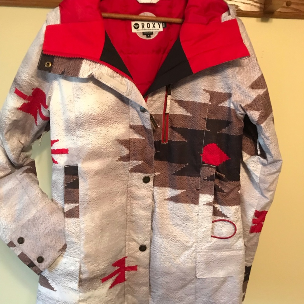 Roxy Red and Gray Ski Jacket with Camouflage Design